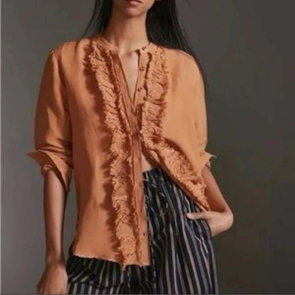 Ruffled Placket Button Down Linen Shirt - image 1